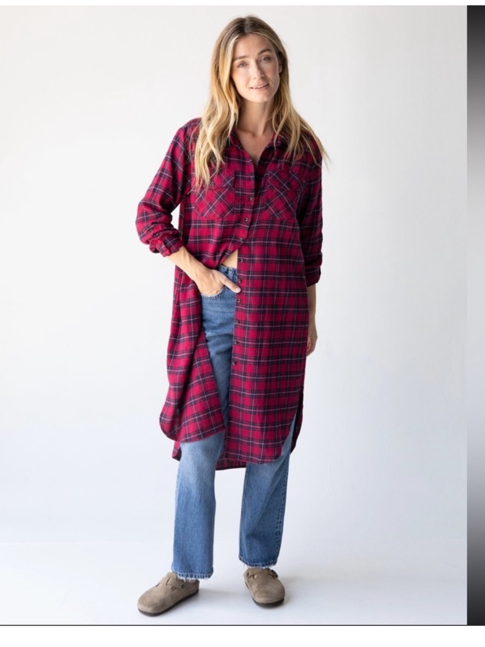 NATURAL LIFE long Plaid Button-Up flannel